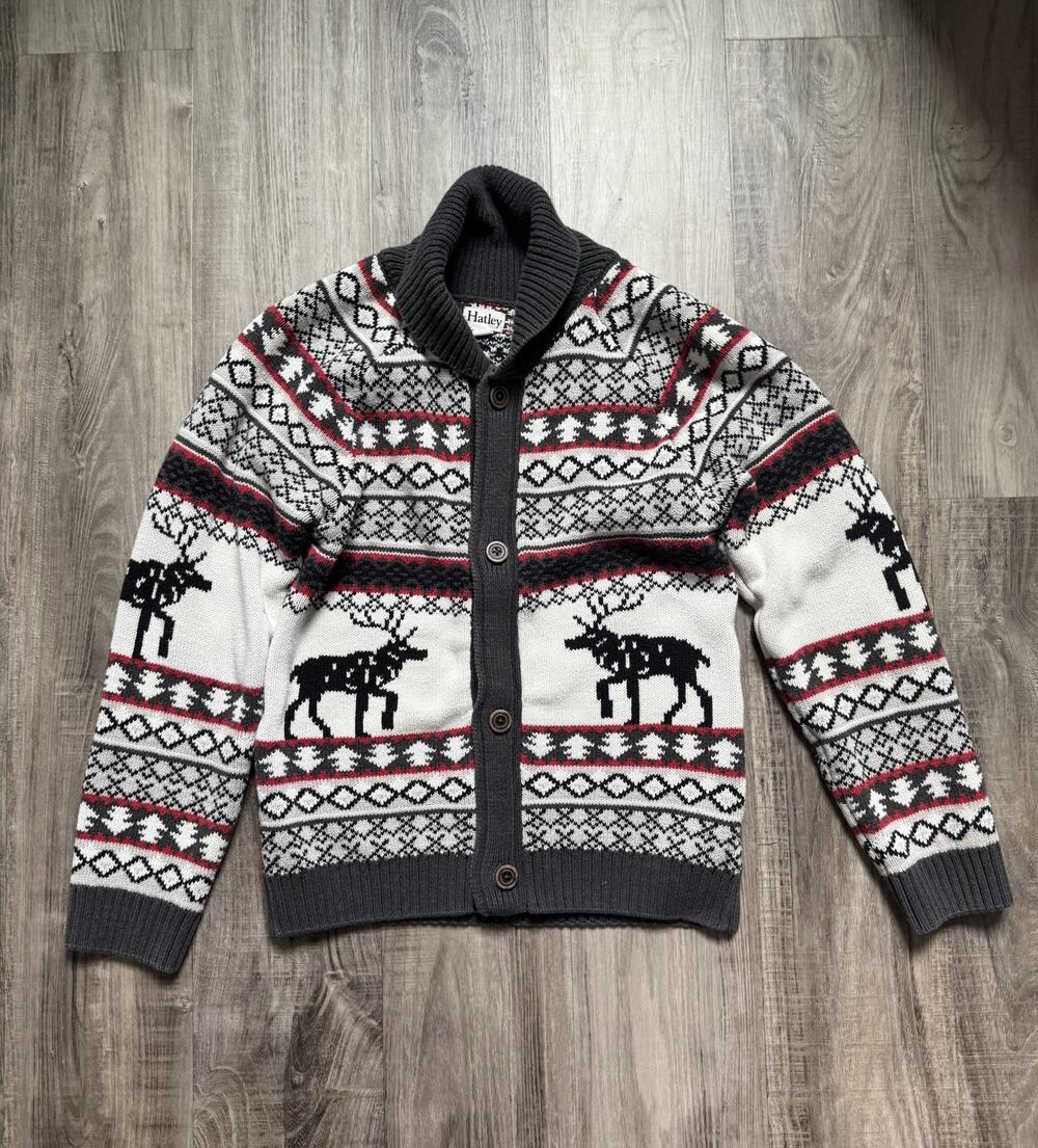 Hatley Kids Size 12 Moose Fair Isle Cardigan Sweater Shawl Collar Nordic